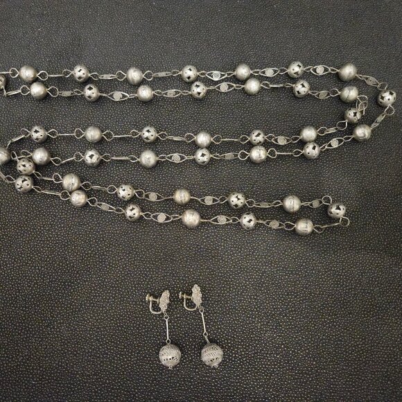 CANNETILLE FILIGREE BALL & LASSO WEDDING NECKLACE WITH MATCHING CLIP-ON EARRINGS - Picture 6 of 13